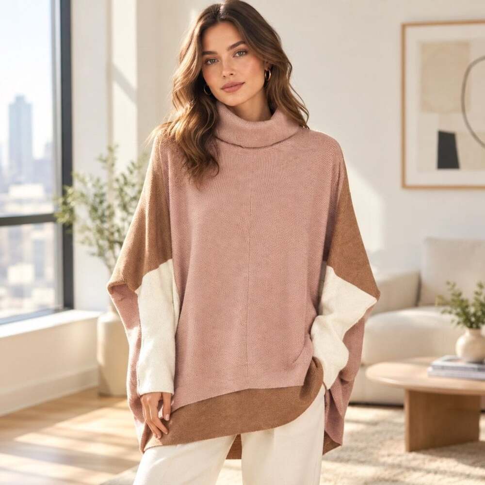 Anrabess Turtleneck Poncho Sweater Size L Colorblock Pink Brown White